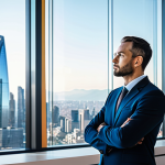 A diverse professional architect engineer in an elegant, modest business suit, standing confidently in a sunlit, ultra-modern office. The engineer is looking thoughtfully at a transparent holographic display that projects interconnected global cities and dynamic financial graphs, symbolizing international career opportunities and salary comparisons. The office background features a sleek, minimalist design and large windows overlooking a vibrant city skyline. The scene conveys professionalism and forward-thinking.