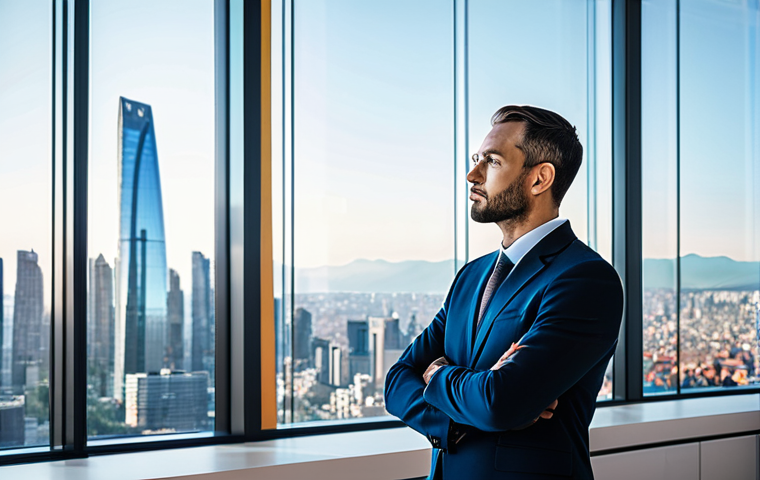 A diverse professional architect engineer in an elegant, modest business suit, standing confidently in a sunlit, ultra-modern office. The engineer is looking thoughtfully at a transparent holographic display that projects interconnected global cities and dynamic financial graphs, symbolizing international career opportunities and salary comparisons. The office background features a sleek, minimalist design and large windows overlooking a vibrant city skyline. The scene conveys professionalism and forward-thinking.