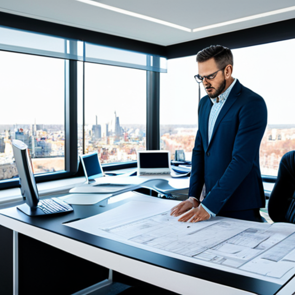 Modern Architect at Work**

"A professional architect, fully clothed in a stylish, modern outfit, working at a large desk in a bright, contemporary office. The desk is covered with blueprints, a computer, and design samples. Large windows overlook a cityscape. The architect is focused and engaged. Appropriate attire, safe for work, perfect anatomy, correct proportions, natural pose, well-formed hands, proper finger count, natural body proportions, professional."

**
