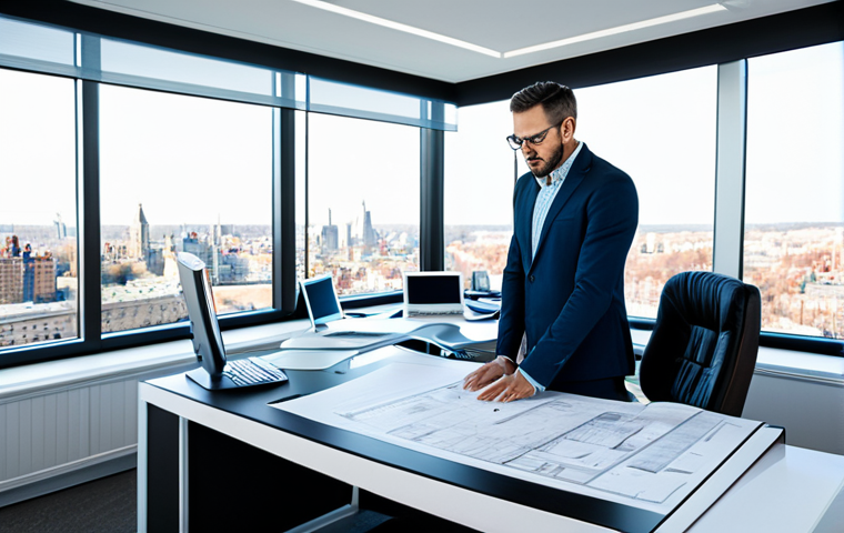 Modern Architect at Work**

"A professional architect, fully clothed in a stylish, modern outfit, working at a large desk in a bright, contemporary office. The desk is covered with blueprints, a computer, and design samples. Large windows overlook a cityscape. The architect is focused and engaged. Appropriate attire, safe for work, perfect anatomy, correct proportions, natural pose, well-formed hands, proper finger count, natural body proportions, professional."

**