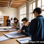 건축기술사 자격증 취득 전략 - **Prompt:** A vibrant and bustling architectural studio at a French university (ENSA). Sunlight stre...
