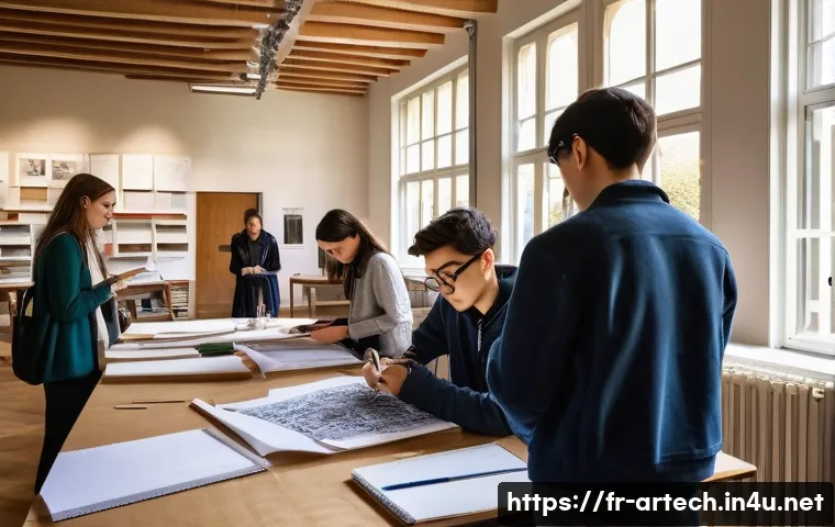 건축기술사 자격증 취득 전략 - **Prompt:** A vibrant and bustling architectural studio at a French university (ENSA). Sunlight stre...
