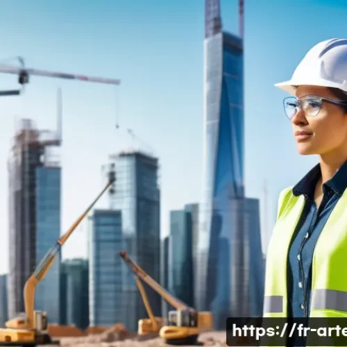 건축기술사 자격증의 국제적 활용 - A professional female architect wearing smart business attire and safety gear, standing confidently ...