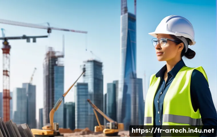 건축기술사 자격증의 국제적 활용 - A professional female architect wearing smart business attire and safety gear, standing confidently ...