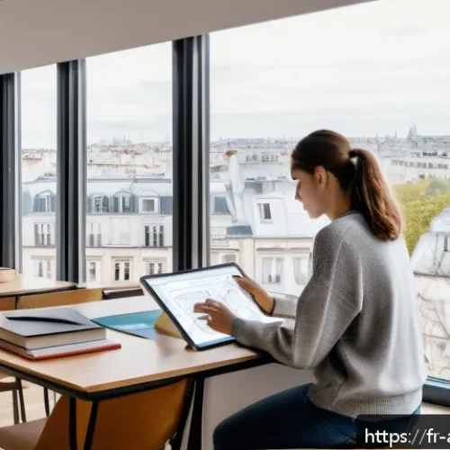 건축기술사 중점 과목 공부법 - A modern study environment with a young French architecture student actively engaging in learning: t...