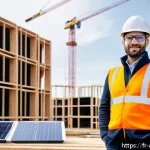 건축기술사 취득 후 자격증 활용 사례 - A professional French civil engineer wearing smart business casual attire and safety glasses, standi...