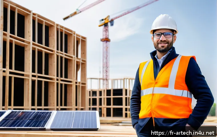 건축기술사 취득 후 자격증 활용 사례 - A professional French civil engineer wearing smart business casual attire and safety glasses, standi...